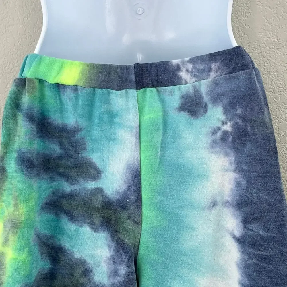 New Shopin LA Blue Green Multi Tie Dye Elastic Waist Sweat Shorts L Gorpcore